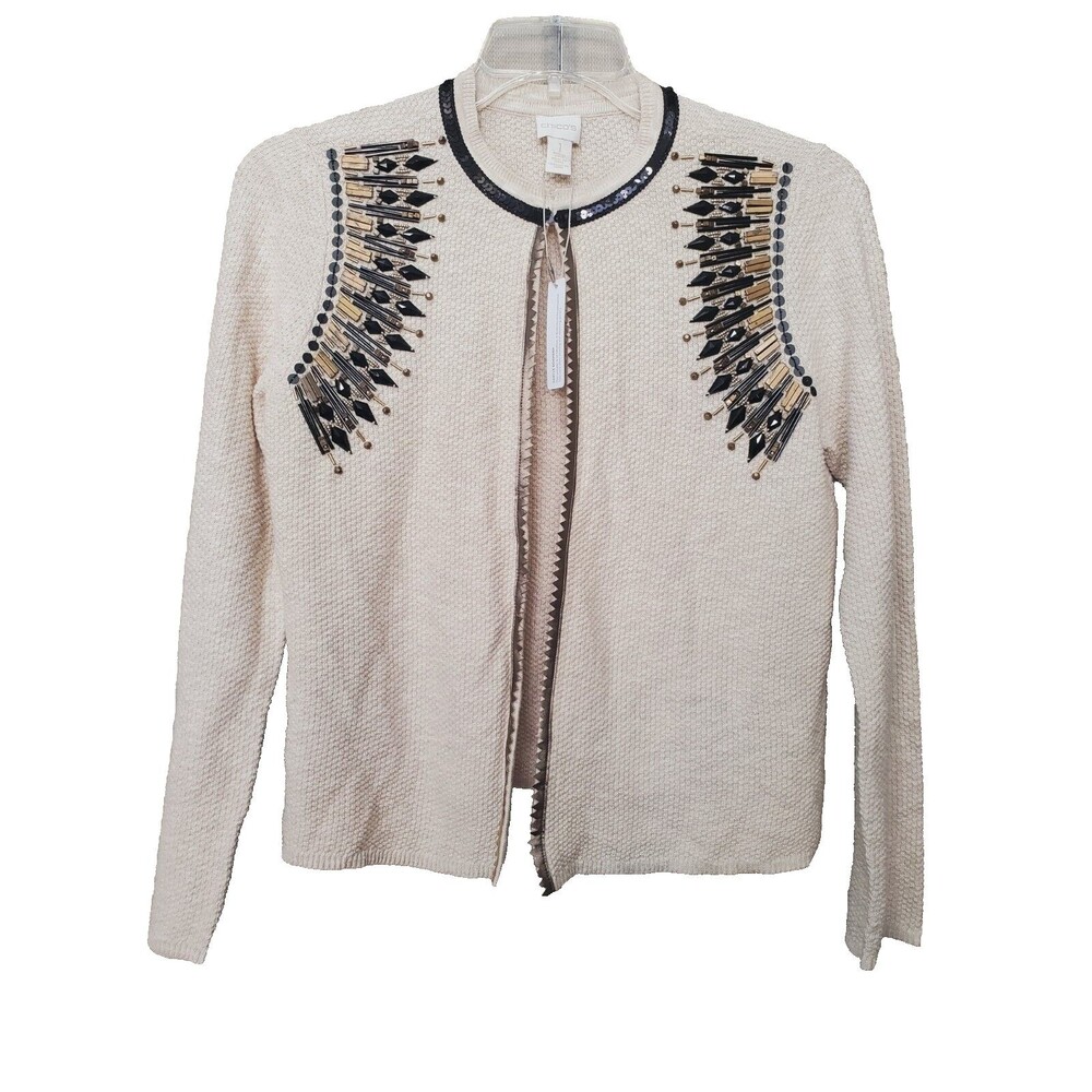 Chico’s Sequined Beaded Seed Stitch Long Sleeve Cardigan Sweater Size 1 MED NWT